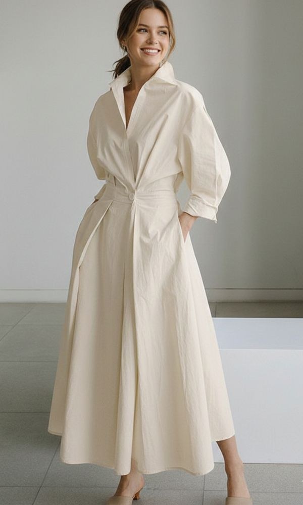 Maxi shirt dress with tie waist and long sleeves for women