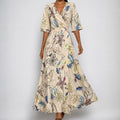 V-neck belted floral maxi dress with three-quarter sleeves