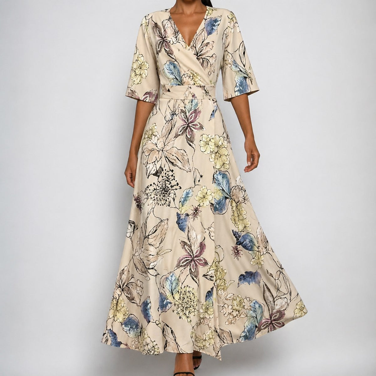 V-neck belted floral maxi dress with three-quarter sleeves