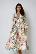 Floral V-Neck Puff Sleeve A-Line Midi Dress with Defined Waist