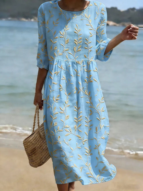 A-line Floral Midi Dress with Three-Quarter Sleeve for Women