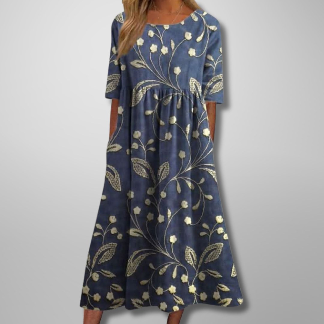Floral Midi Dress with Three-Quarter Sleeves and Full Skirt for Women
