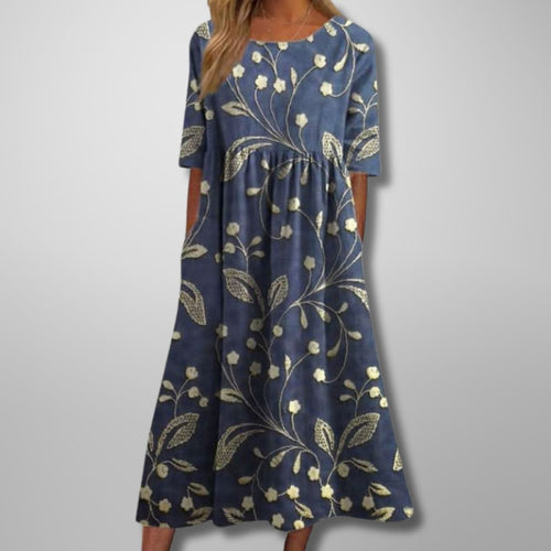Floral Midi Dress with Three-Quarter Sleeves and Full Skirt for Women
