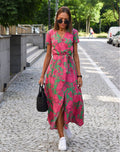 Floral V-neck Wrap Midi Dress with Short Sleeves for Women