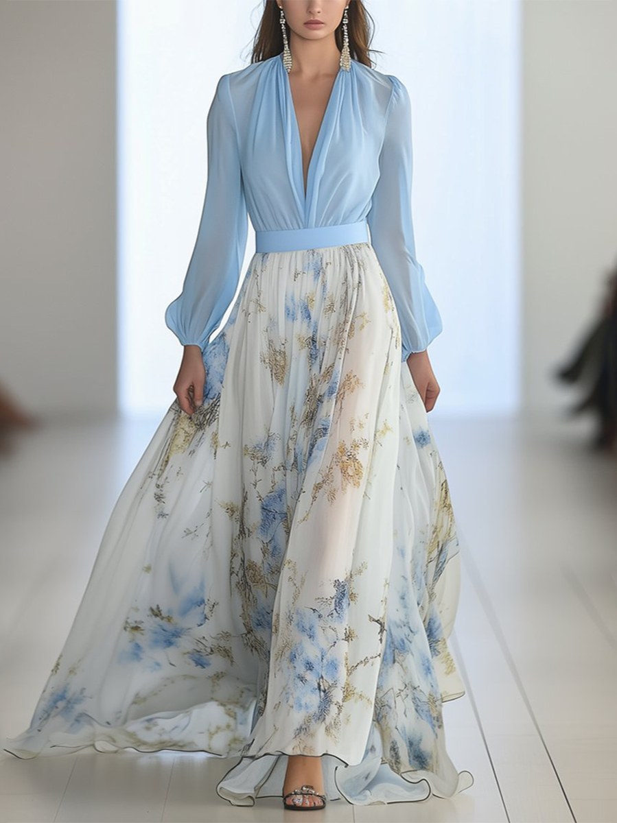 Floral V-Neck Maxi Dress with Long Balloon Sleeves and Flowing Skirt