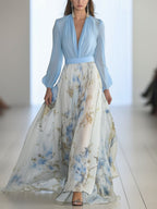 Floral V-Neck Maxi Dress with Long Balloon Sleeves and Flowing Skirt