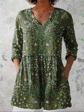 A-Line V-Neck Floral Shirt Dress with Three-Quarter Sleeves, Knee-Length
