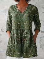 A-Line V-Neck Floral Shirt Dress with Three-Quarter Sleeves, Knee-Length
