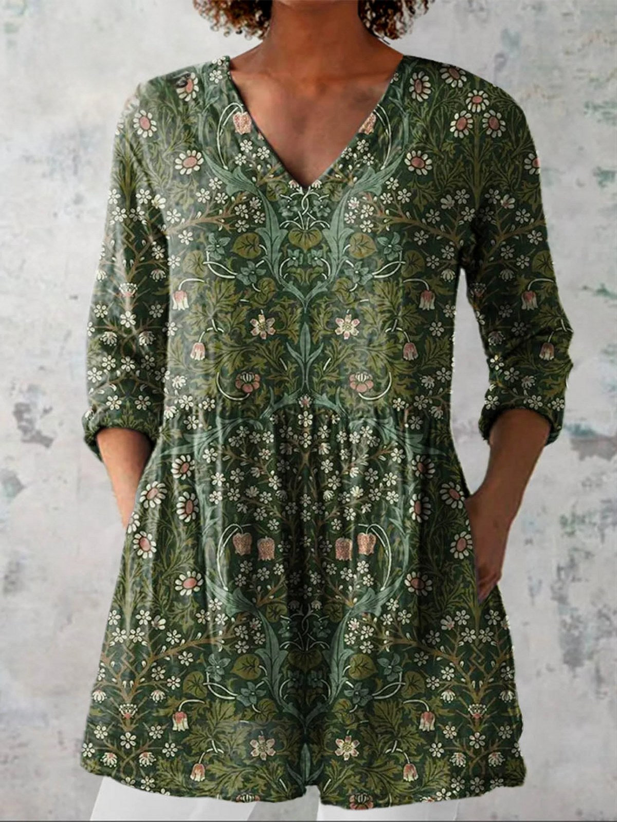 A-Line V-Neck Floral Shirt Dress with Three-Quarter Sleeves, Knee-Length
