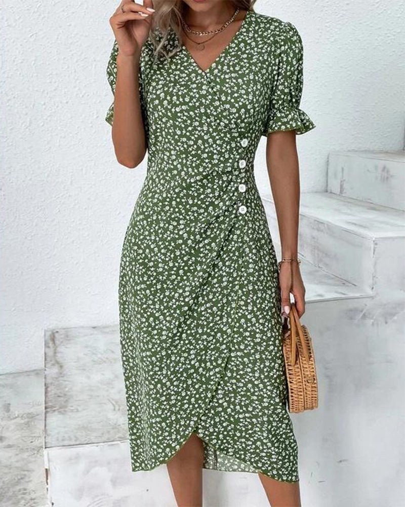 Floral Wrap Midi Dress with V-Neck, Button Front and Asymmetrical Hem