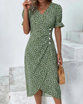 Floral Wrap Midi Dress with V-Neck, Button Front and Asymmetrical Hem