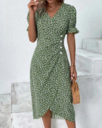 Floral Wrap Midi Dress with V-Neck, Button Front and Asymmetrical Hem