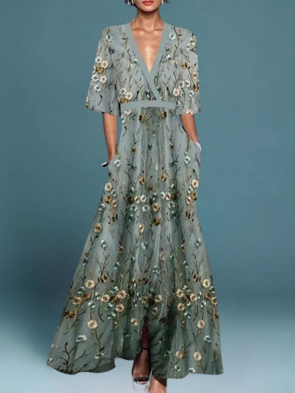 V-Neck Floral Maxi Dress with Three-Quarter Sleeves and Pockets