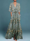 V-Neck Floral Maxi Dress with Three-Quarter Sleeves and Pockets