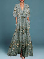 V-Neck Floral Maxi Dress with Three-Quarter Sleeves and Pockets