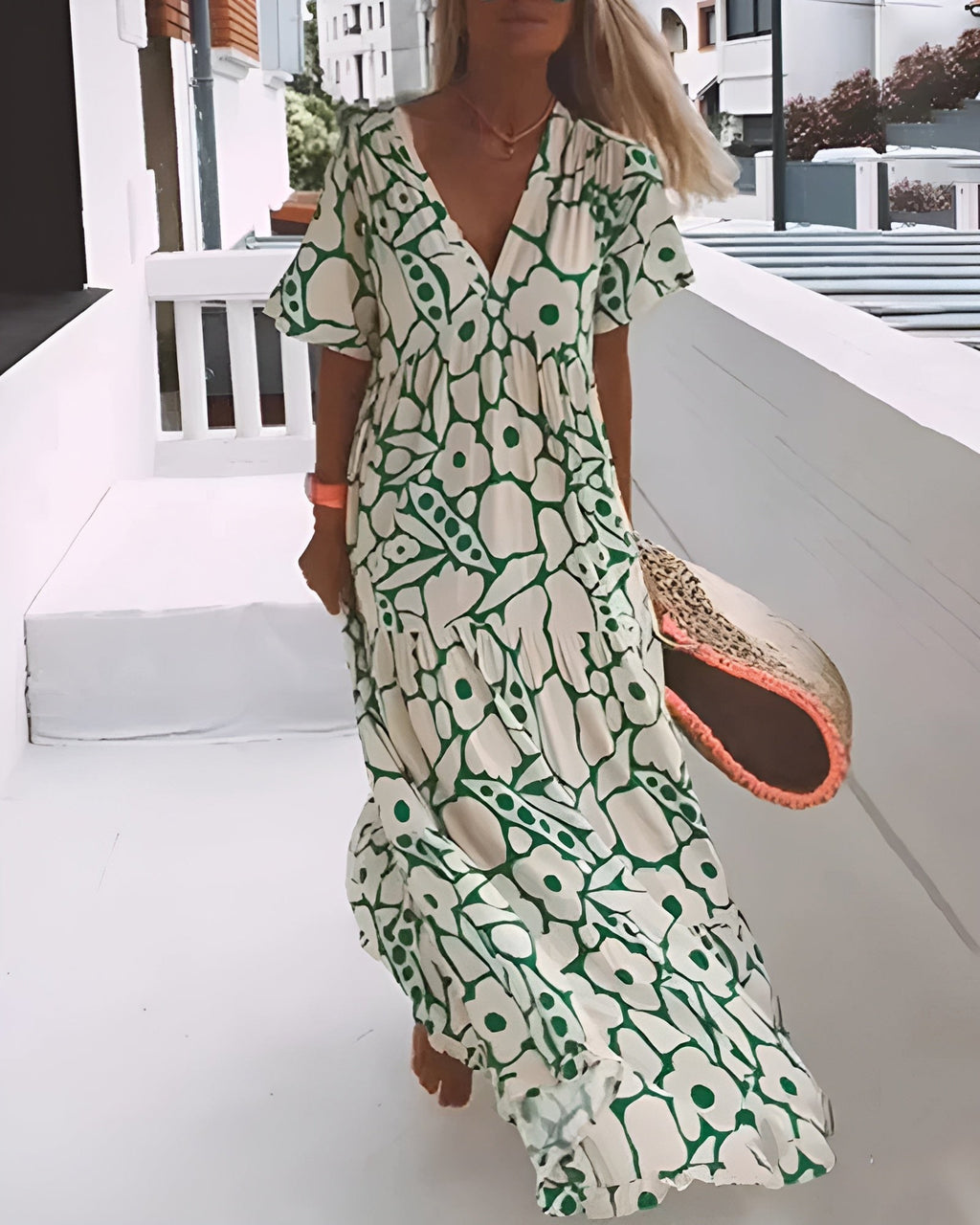 V-Neck Maxi Dress with Two-Tone Abstract Print and Short Sleeves