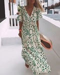 V-Neck Maxi Dress with Two-Tone Abstract Print and Short Sleeves