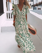 V-Neck Maxi Dress with Two-Tone Abstract Print and Short Sleeves