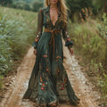 Embroidered Maxi Dress with Deep V-Neck, Long Sleeves and Tie Waist