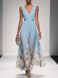 Sleeveless V-Neck Maxi Dress with Fading Floral Print for Women
