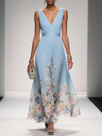 Sleeveless V-Neck Maxi Dress with Fading Floral Print for Women