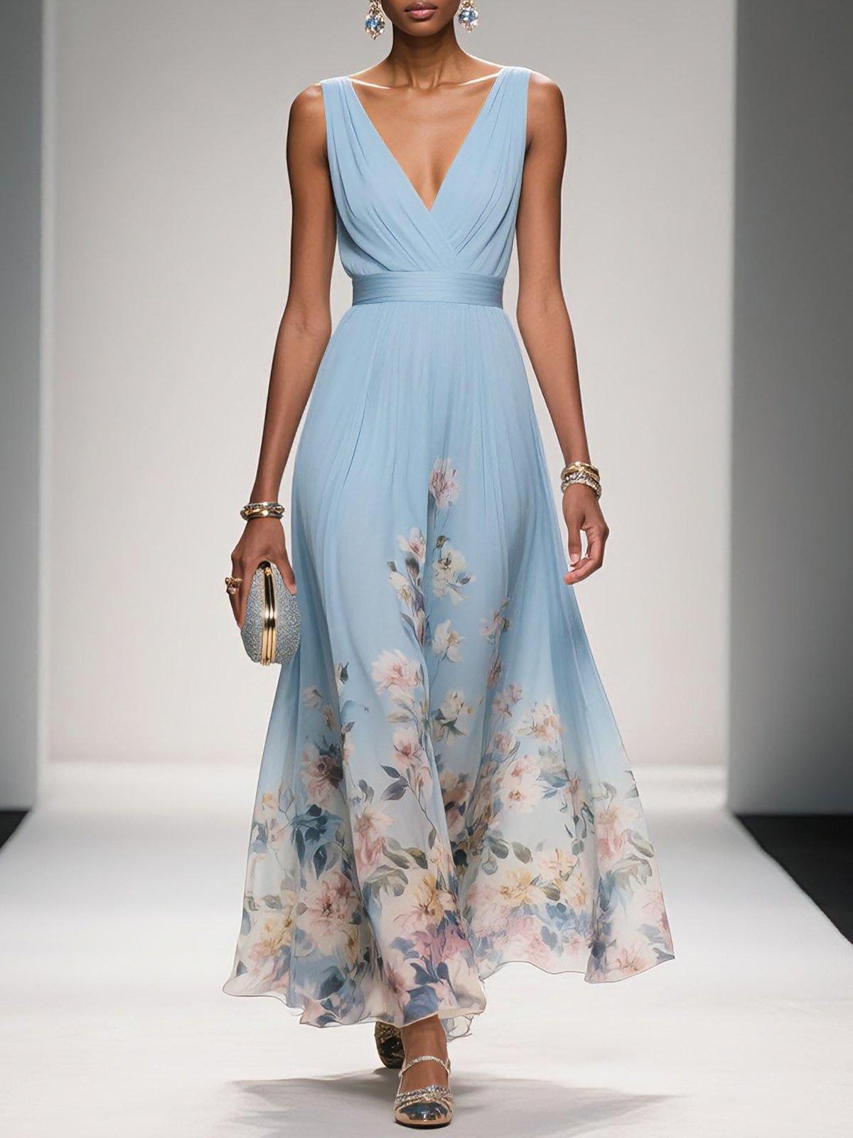 Sleeveless V-Neck Maxi Dress with Fading Floral Print for Women