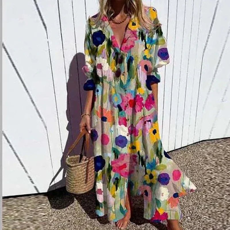 Floral Midi Shirt Dress with Button Front and Short Sleeves