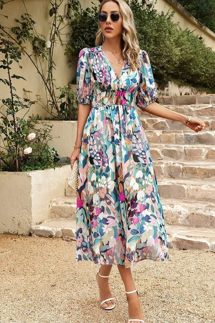 V-Neck Puff Sleeve Midi Dress with Floral Print and Gathered Waist for Women