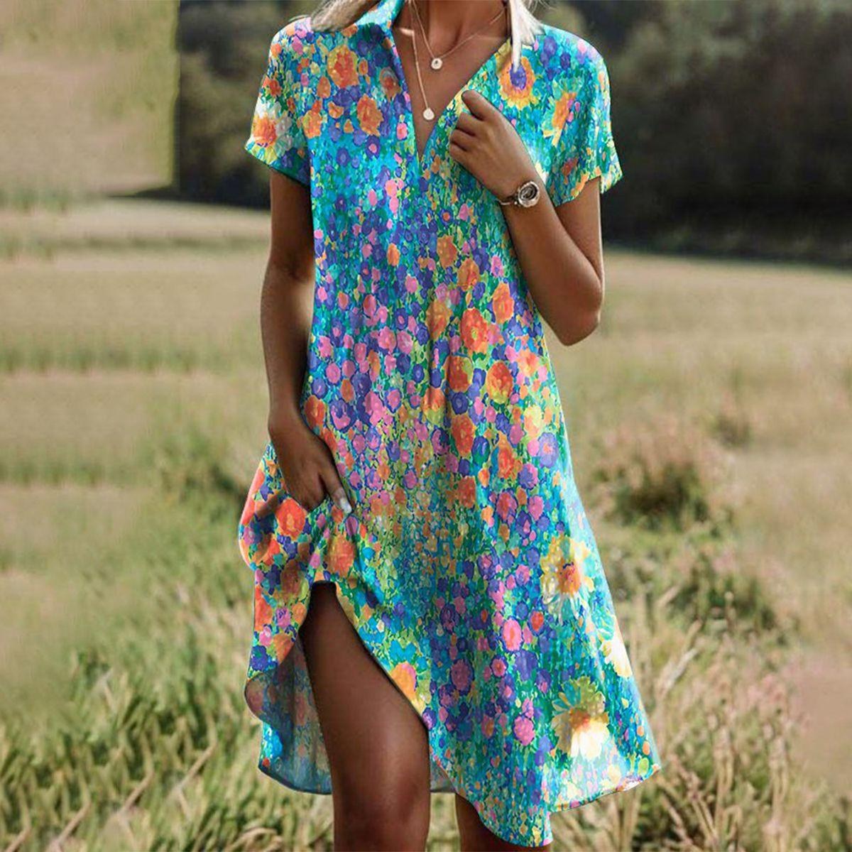 Floral V-Neck Midi Dress with Relaxed Cut, Short Sleeves and High-Low Hem