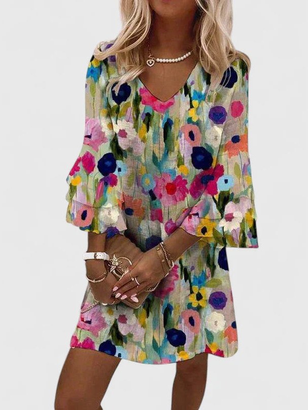 Knee-Length Floral Dress with V-Neck and Bell Sleeves for Women