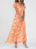 V-Neck Flutter Sleeve Floral Maxi Dress with Relaxed, Flowing Silhouette