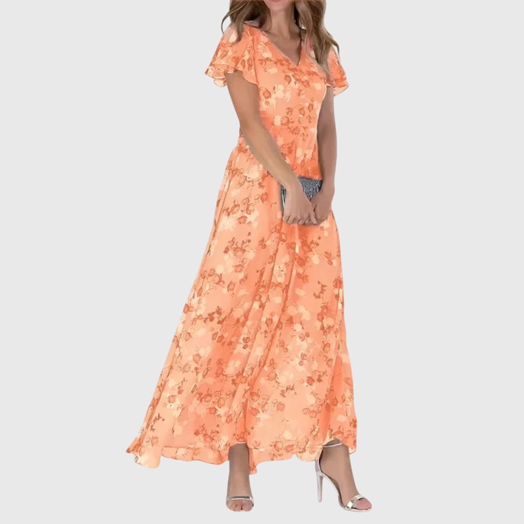 Floral V-Neck Maxi Dress with Flutter Sleeves and Relaxed Bodice