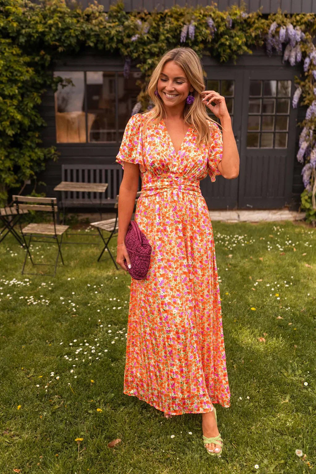 Floral Wrap Maxi Dress with V-Neck and Short Sleeves for Women