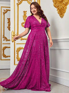 Sequin Maxi Dress with V-Neck and Short Sleeves, Plus-Size Fit