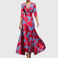 Floral Wrap Maxi Dress with Tie Waist, Deep V Neckline and Three-Quarter Sleeves