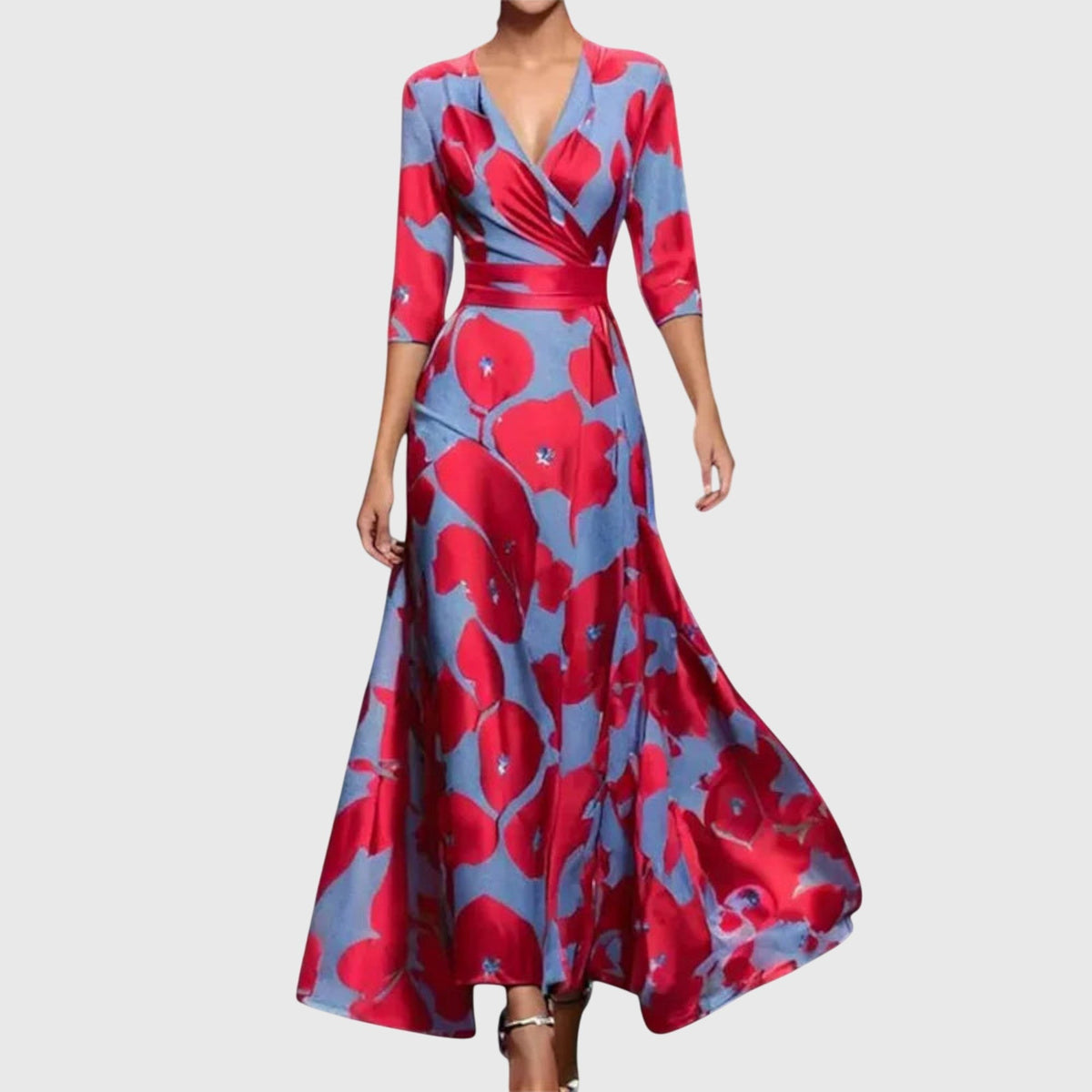 Floral Wrap Maxi Dress with Tie Waist, Deep V Neckline and Three-Quarter Sleeves