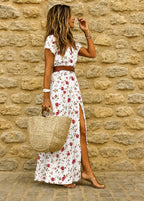 Floral Maxi Dress with Short Sleeves and Belted Cropped Top
