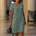 V-Neck Short Sleeve Botanical Print Knee-Length Dress for Women