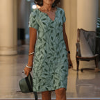 V-Neck Short Sleeve Botanical Print Knee-Length Dress for Women