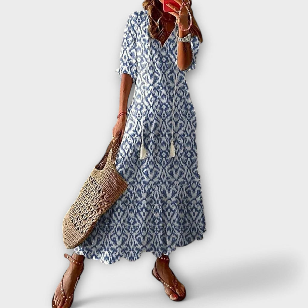 Ikat Maxi Dress with V-neck, Three-Quarter Sleeves and Raw Edges