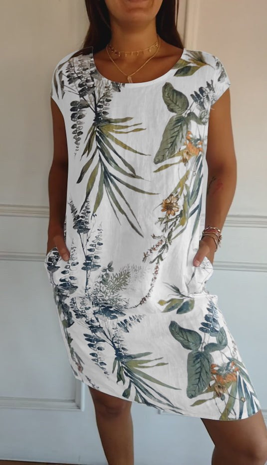 Floral Shift Dress with Short Sleeves, Knee-Length Hem and Side Pockets