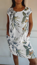 Floral Shift Dress with Short Sleeves, Knee-Length Hem and Side Pockets