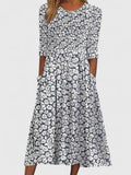 A-Line Midi Dress with Floral Print, Pockets and Three-Quarter Sleeves