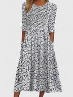 A-Line Midi Dress with Floral Print, Pockets and Three-Quarter Sleeves