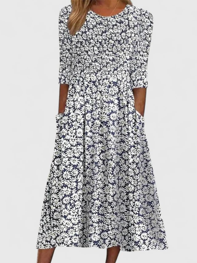 A-Line Midi Dress with Floral Print, Pockets and Three-Quarter Sleeves