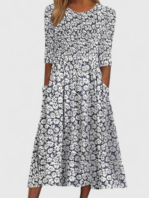 A-Line Midi Dress with Floral Print, Pockets and Three-Quarter Sleeves