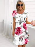 Pleated A-Line Dress with Floral Print, Short Sleeves & Crew Neck