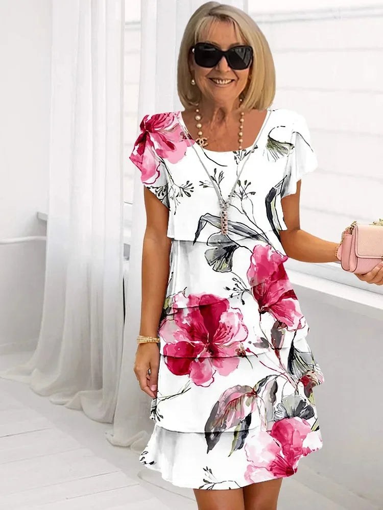 Pleated A-Line Dress with Floral Print, Short Sleeves & Crew Neck