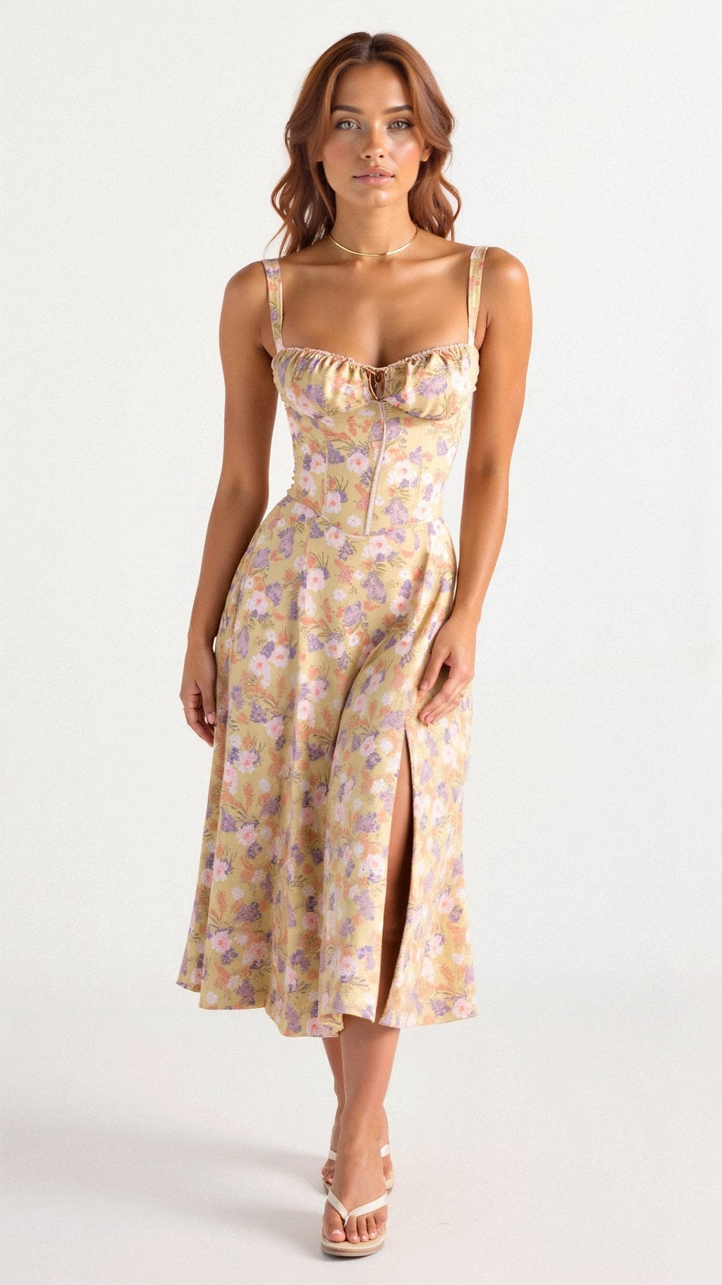 Floral Midi Dress with Sweetheart Neckline, Thin Straps and Side Slit