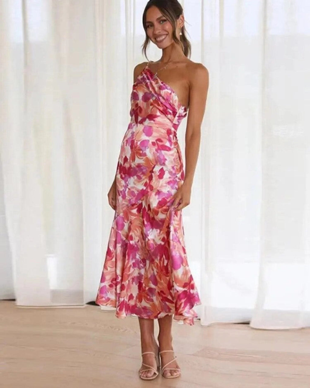 Floral One-Shoulder Draped Asymmetrical Maxi Dress for Women